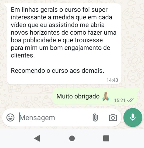 Aluno recomenda o Mini Curso a outras pessoas